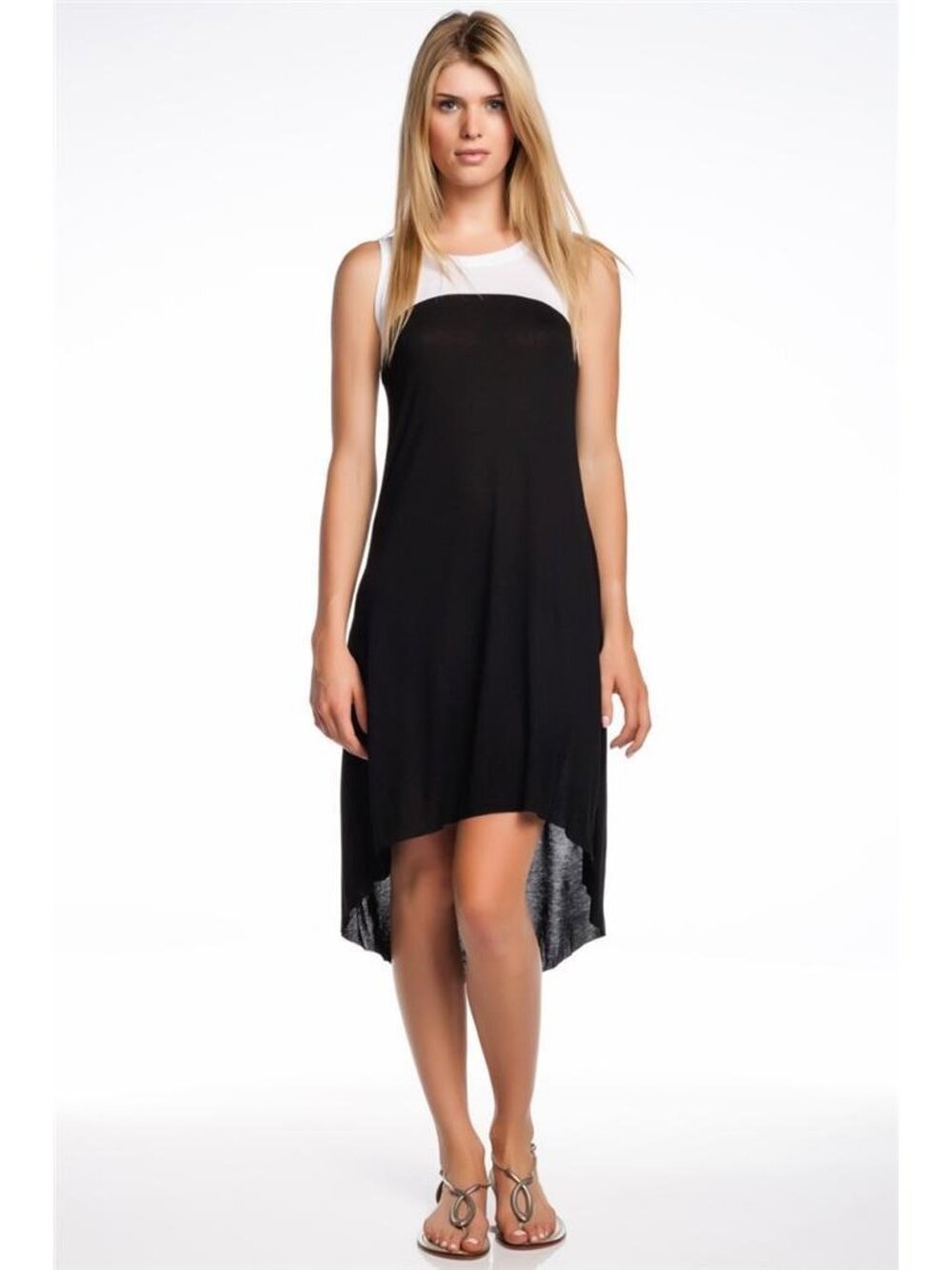 AIKO Weekend Petal Jersey Dress White Black Color Block Uneven Hem NWT